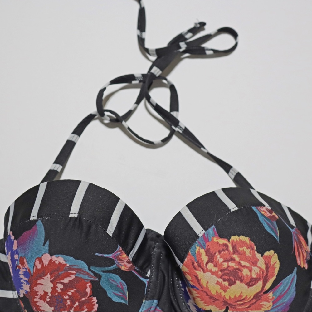 Modcloth The Harper Floral Black White Stripe Halter One Piece Swimsuit - Small - Picture 4 of 6
